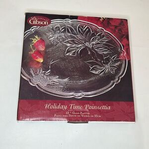 Gibson Holiday Time Poinsettia 13 In Clear Raised Glass Platter Christmas